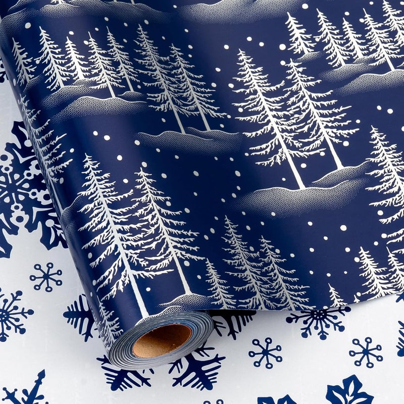 MAYPLUSS Christmas Wrapping Paper Roll - 17IN X 33FT - Blue Gift Wrapping Paper Featuring Christmas Tree Against Navy Blue Reversible Snowflke for Kids, Holiday, New Year - Image 1
